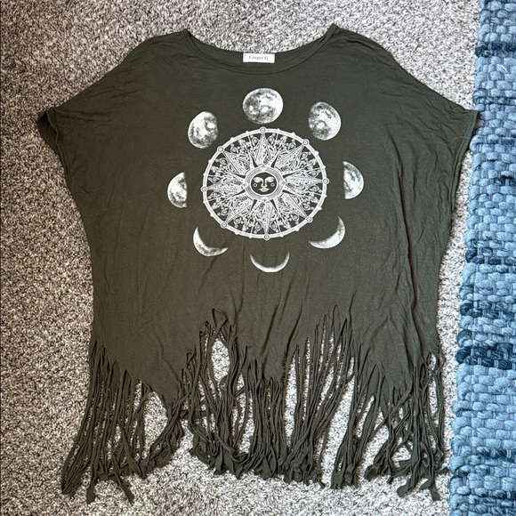Ginger G Tops - Ginger G Olive Fringe Tee with Moon Phases